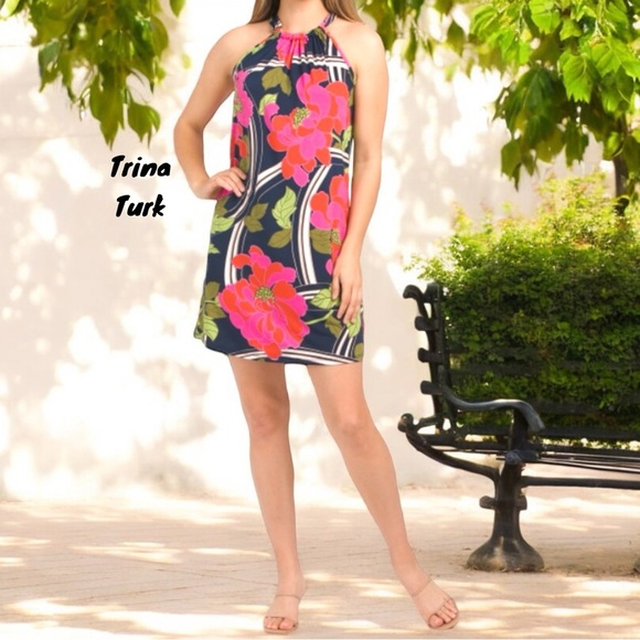 TRINA TURK NWT JUJU FLORAL SWIRL HALTER MINI DRESS NAVY MULTI MEDIUM - Picture 1 of 9